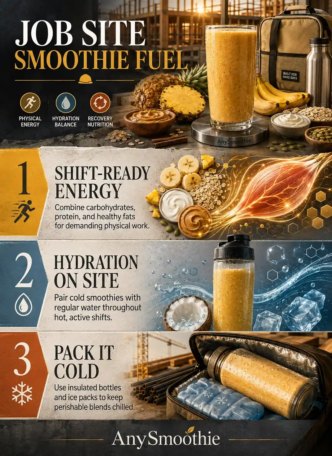 Job site smoothies for construction workers infographic showing shift-ready energy, hydration, and cold storage.