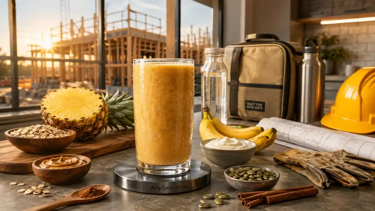 Job site smoothies for construction workers with pineapple, banana, oats, Greek yogurt, peanut butter, and cinnamon.