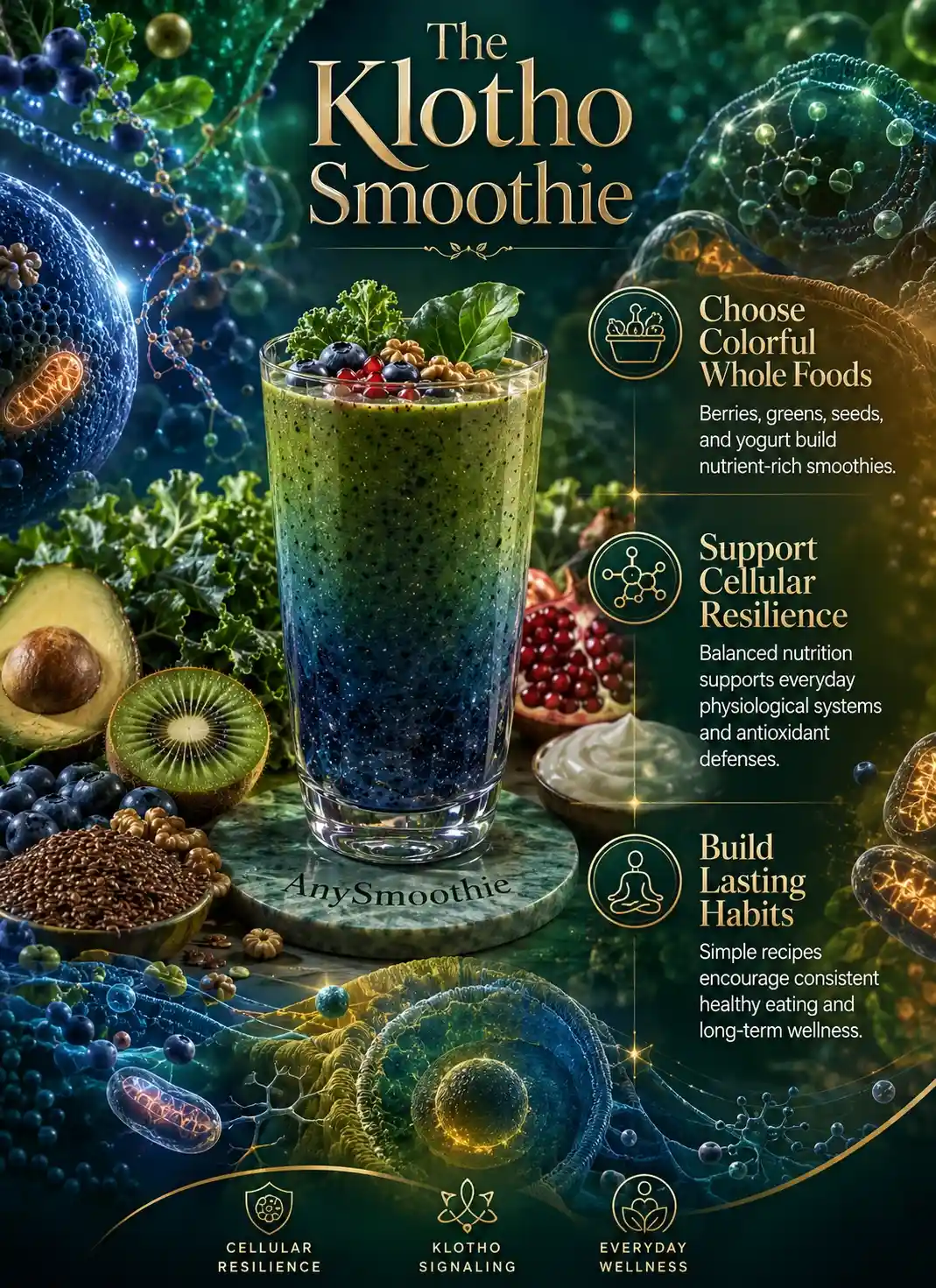Infographic showing klotho smoothies for cellular resilience featuring a blueberry, kiwi, avocado, and kale smoothie with whole-food ingredients, cellular communication motifs, and wellness-focused nutrition by AnySmoothie.
