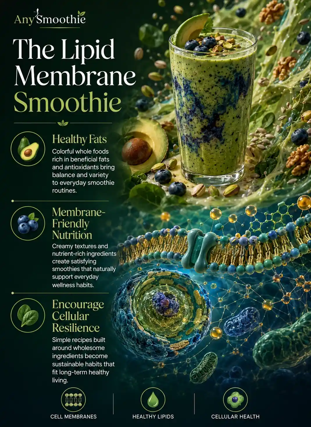 Infographic about lipid membrane smoothies for cellular health showing an avocado, pistachio, and blueberry smoothie with healthy fats, phospholipid membrane illustrations, and whole-food ingredients that support balanced nutrition and cellular wellness.