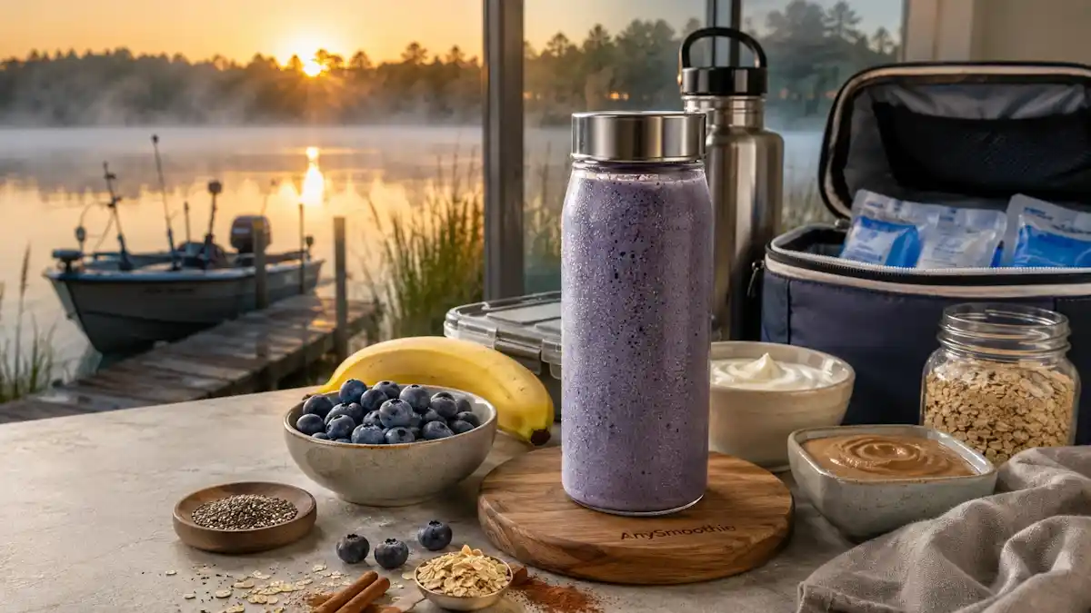 Make ahead smoothies for fishing trips with blueberry, banana, oats, Greek yogurt, almond butter, and cinnamon beside a chilled cooler at sunrise.
