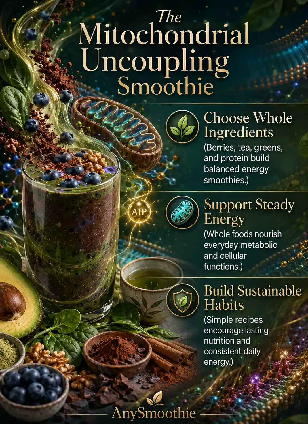 Infographic illustrating mitochondrial uncoupling smoothies for energy metabolism using blueberries, cacao, avocado, spinach, green tea, walnuts, and cellular energy metabolism concepts.