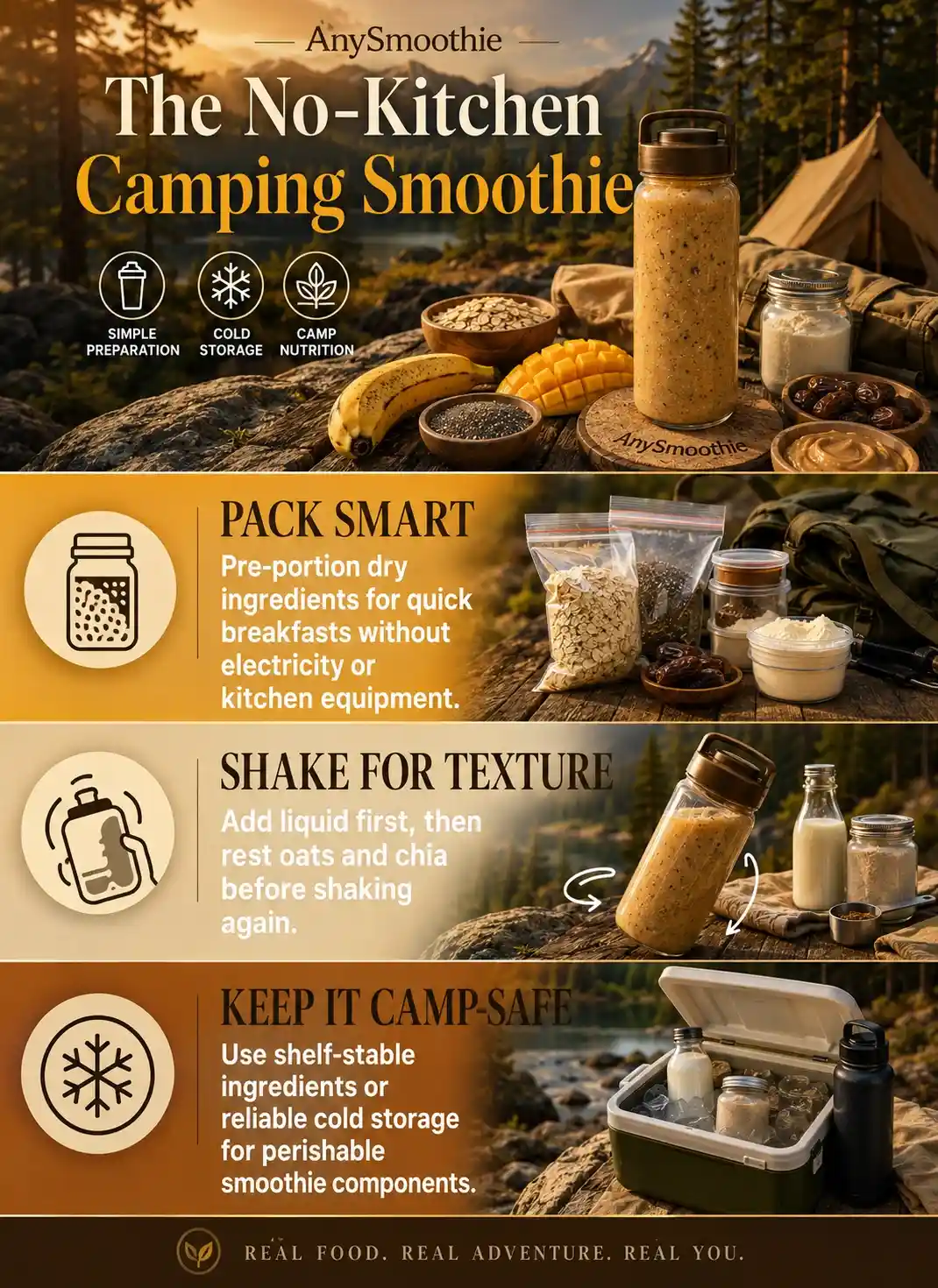 No kitchen smoothies for camping trips infographic showing smart packing, shake preparation, and safe cold storage at a forest campsite.