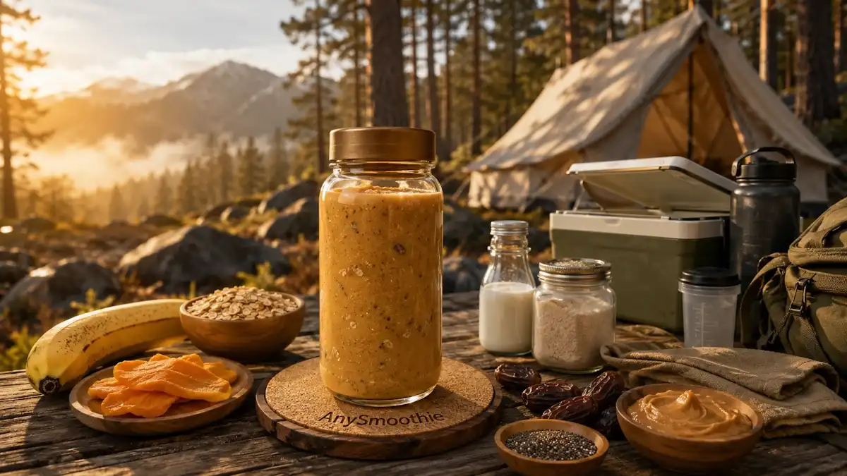 No kitchen smoothies for camping trips with mango, banana, oats, peanut butter, dates, and chia at a forest campsite.