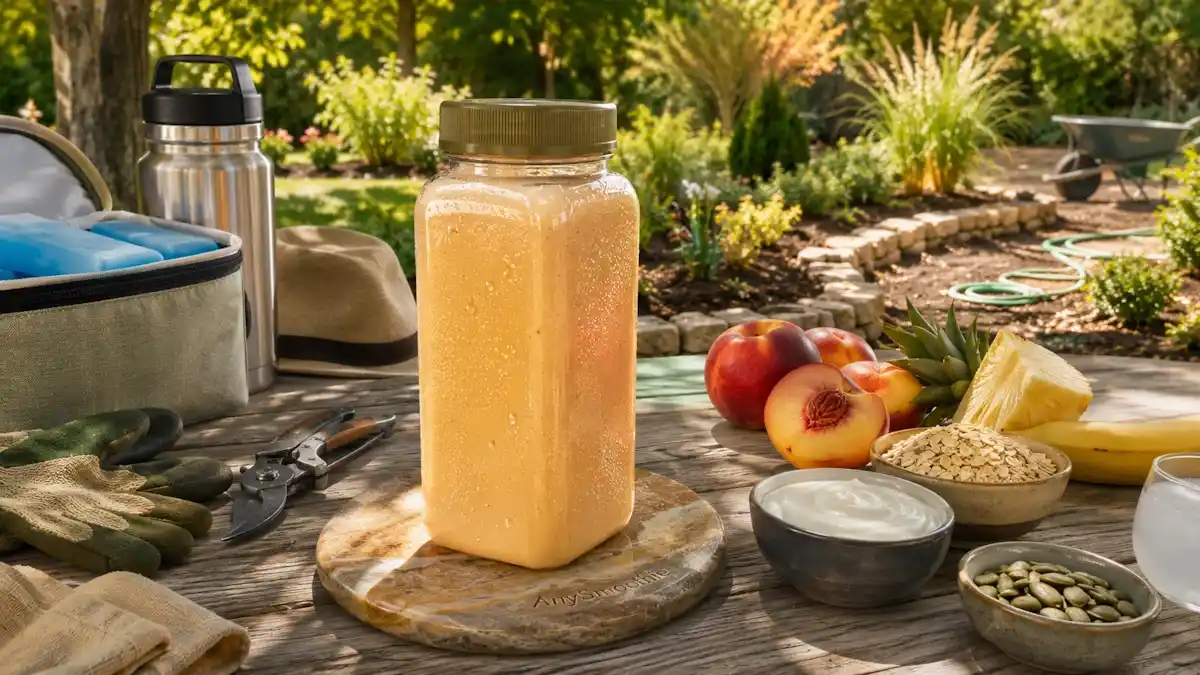 Outdoor workday smoothies for landscapers with nectarine, pineapple, banana, oats, Greek yogurt, pumpkin seeds, and coconut water.