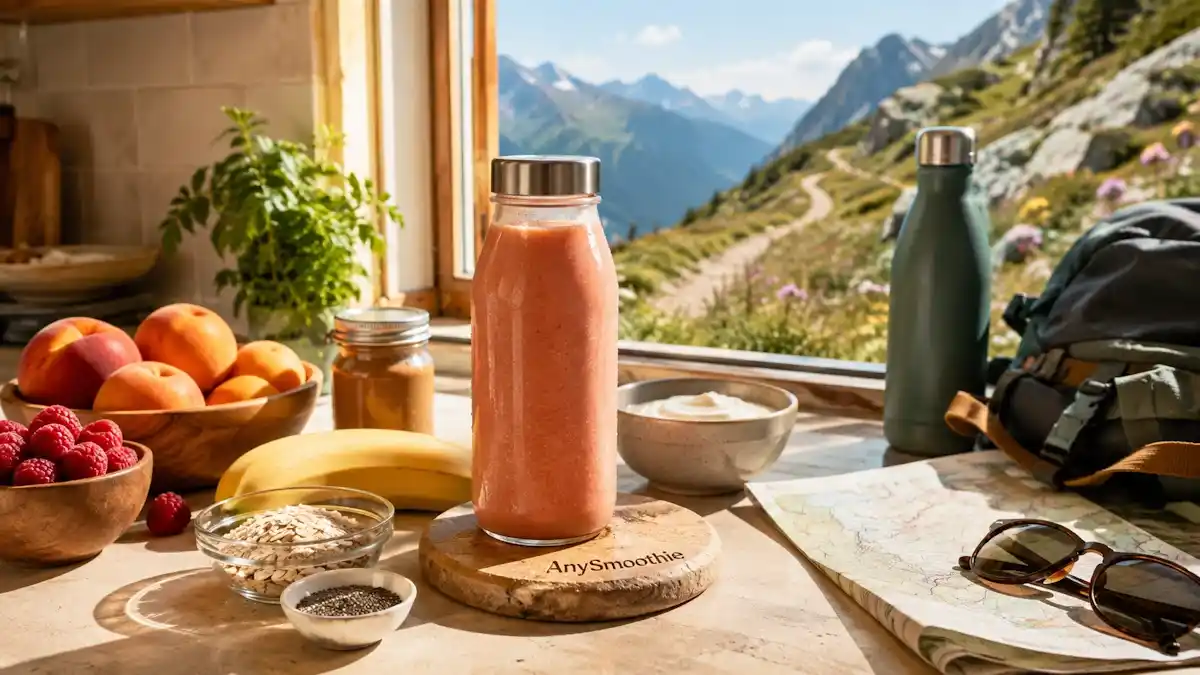 Portable smoothies for day hikers with peach, raspberry, banana, oats, and almond butter in a travel bottle beside hiking gear.
