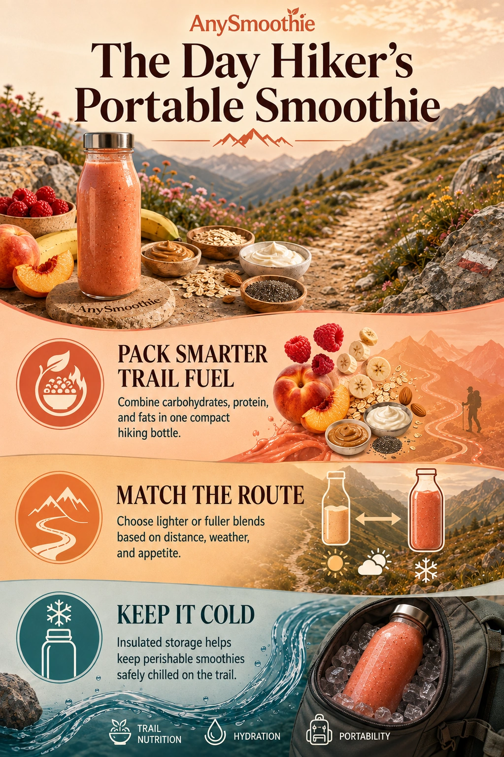 Portable smoothies for day hikers infographic showing balanced trail nutrition, route-based smoothie choices, hydration, and insulated cold storage.