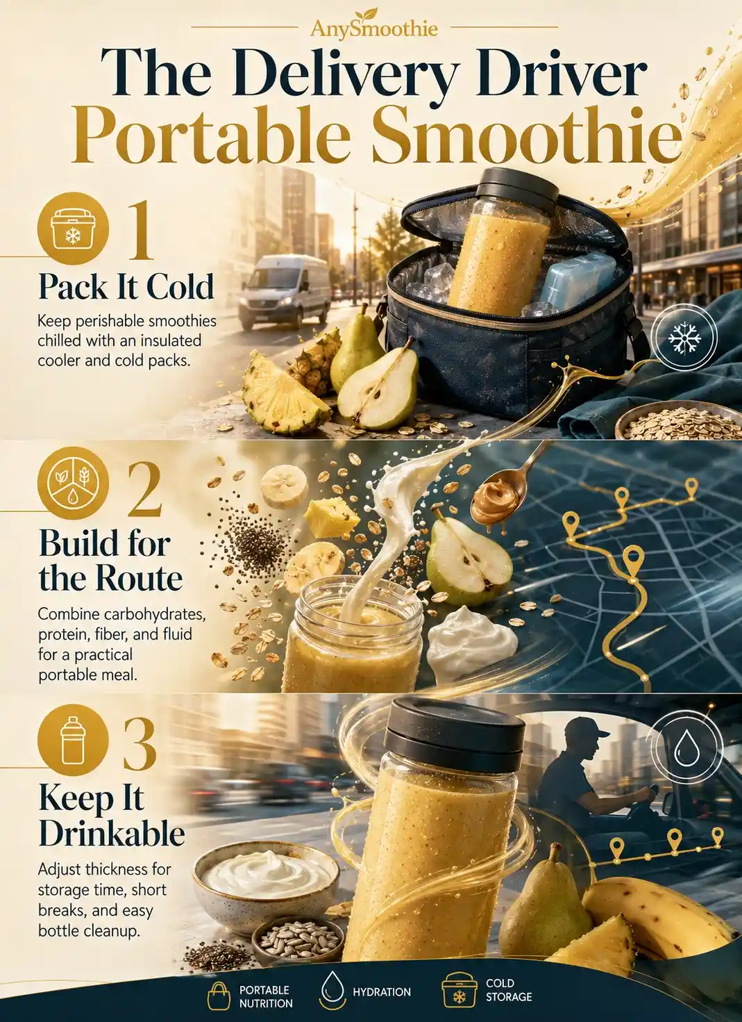 Portable smoothies for delivery drivers infographic showing cold storage, balanced ingredients, hydration, and practical bottle preparation for busy routes.