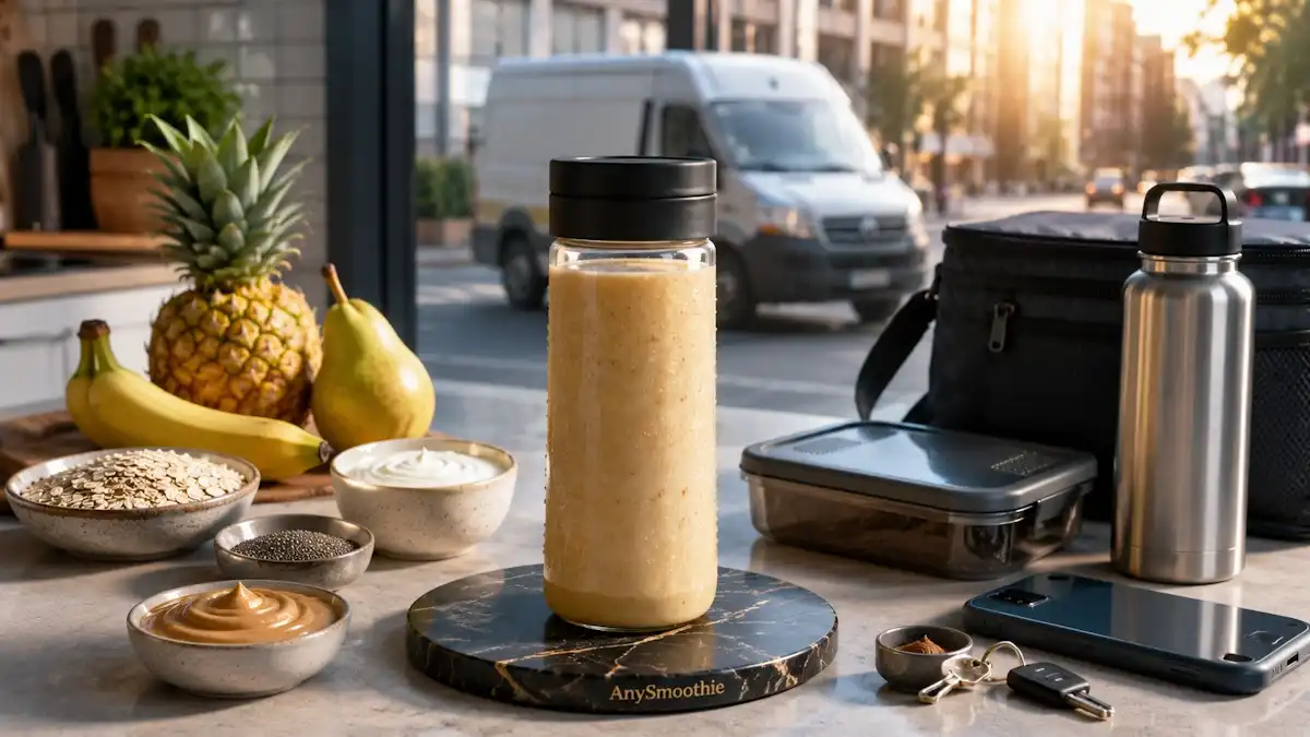 Portable smoothies for delivery drivers with pineapple, pear, banana, oats, Greek yogurt, and sunflower seed butter.
