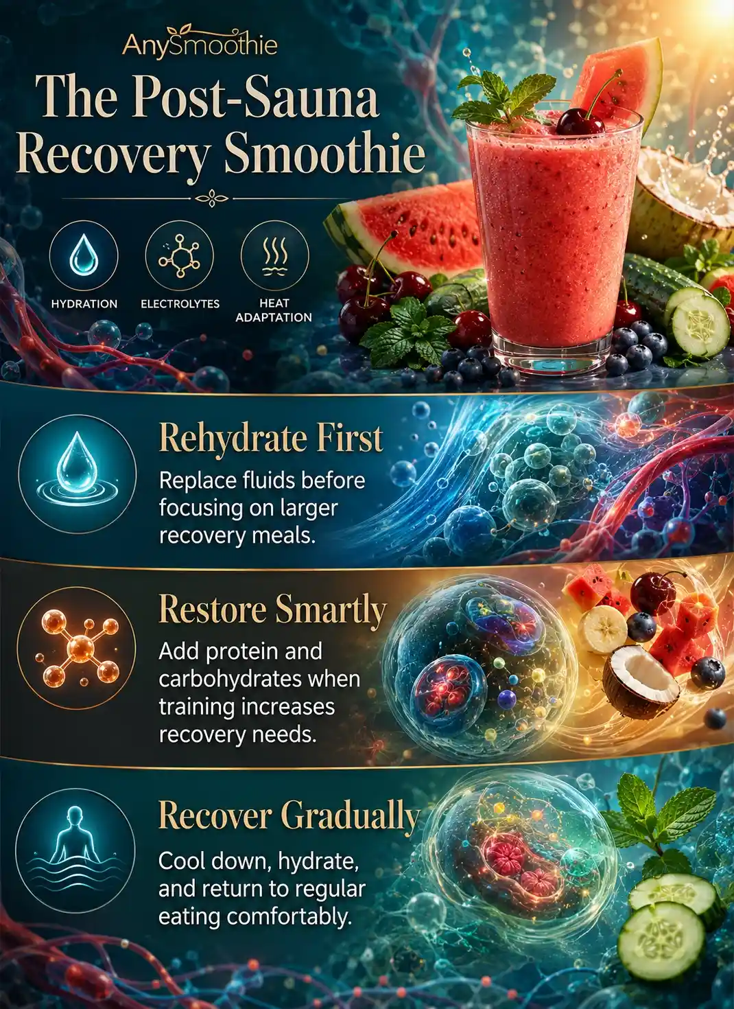 Infographic explaining post sauna recovery smoothies for heat adaptation, highlighting hydration, electrolyte balance, gradual recovery, and whole-food ingredients including watermelon, cherries, coconut water, cucumber, blueberries, and mint.