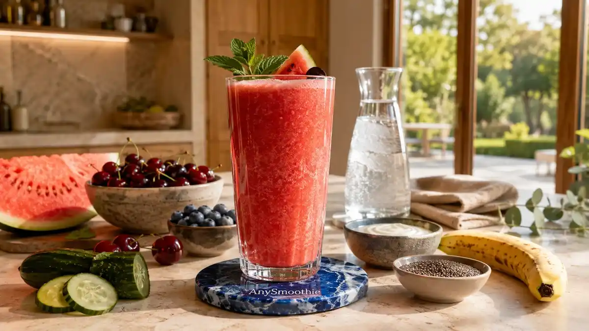 Watermelon, cherry, and coconut water smoothie for post sauna recovery smoothies for heat adaptation, served in a tall glass with fresh fruit, cucumber, blueberries, Greek yogurt, chia seeds, and mint in a bright spa-inspired kitchen.