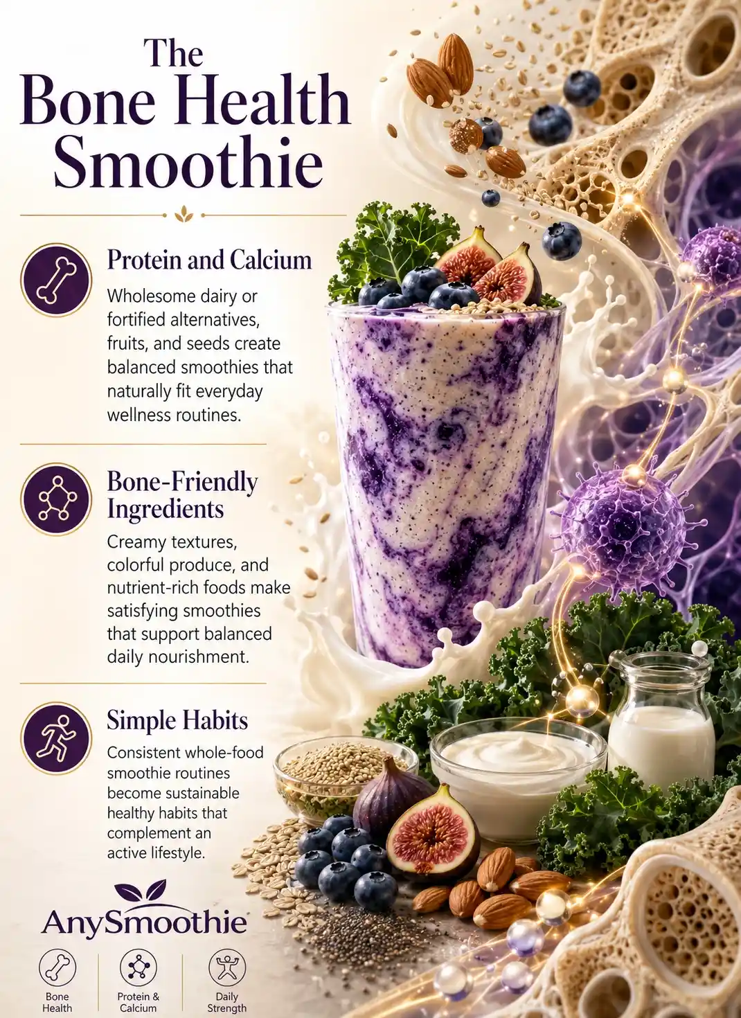 Infographic illustrating protein and calcium smoothies for bone health with Greek yogurt, blueberries, figs, kale, almonds, sesame seeds, fortified milk, and bone-inspired wellness graphics.