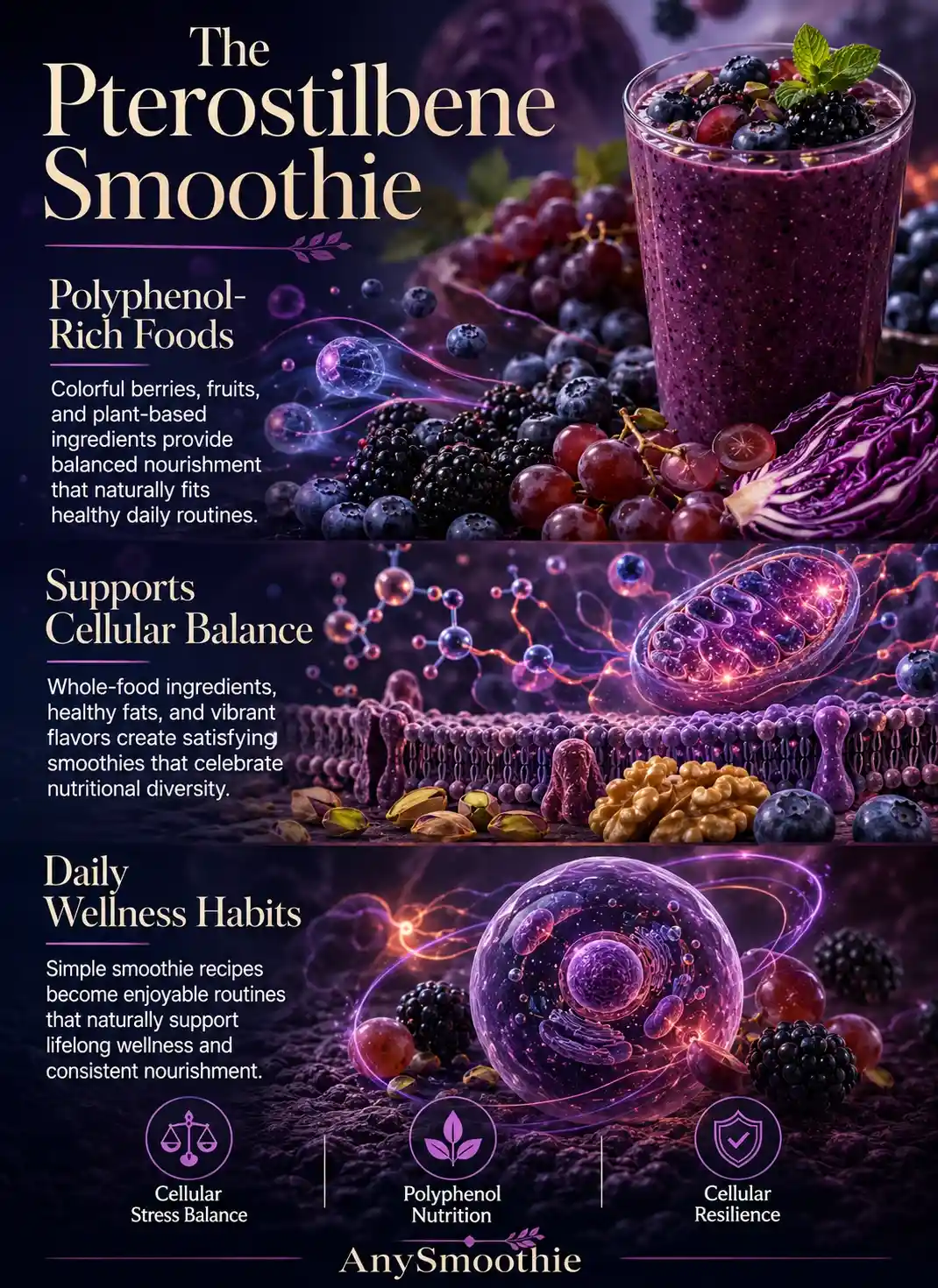 Infographic illustrating pterostilbene smoothies for cellular stress balance with blueberries, blackberries, red grapes, purple cabbage, pistachios, and intracellular-inspired wellness visuals highlighting polyphenol-rich nutrition and balanced cellular health.
