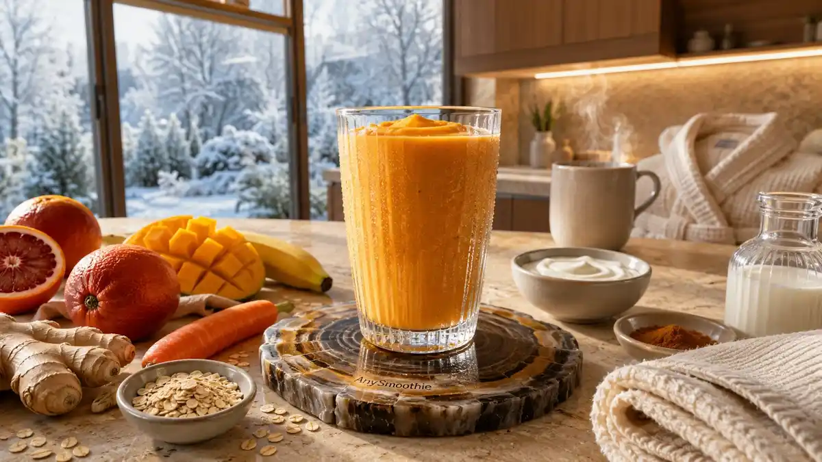 Recovery smoothies after cold exposure with blood orange, mango, banana, carrot, ginger, oats, and Greek yogurt