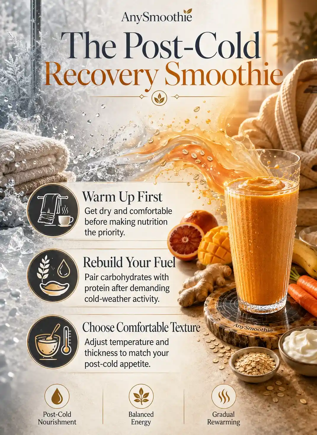 Recovery smoothies after cold exposure infographic showing post-cold nourishment, balanced energy, gradual rewarming, and comfortable smoothie texture