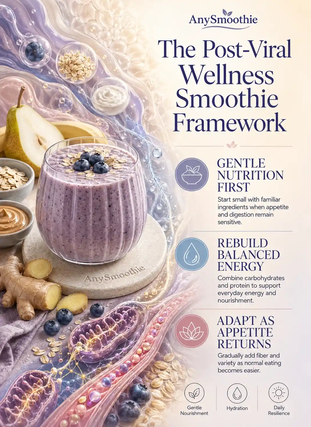 Post-viral wellness smoothie framework infographic featuring balanced recovery smoothies for post viral wellness routines with fruit, oats, Greek yogurt, hydration, and protein.