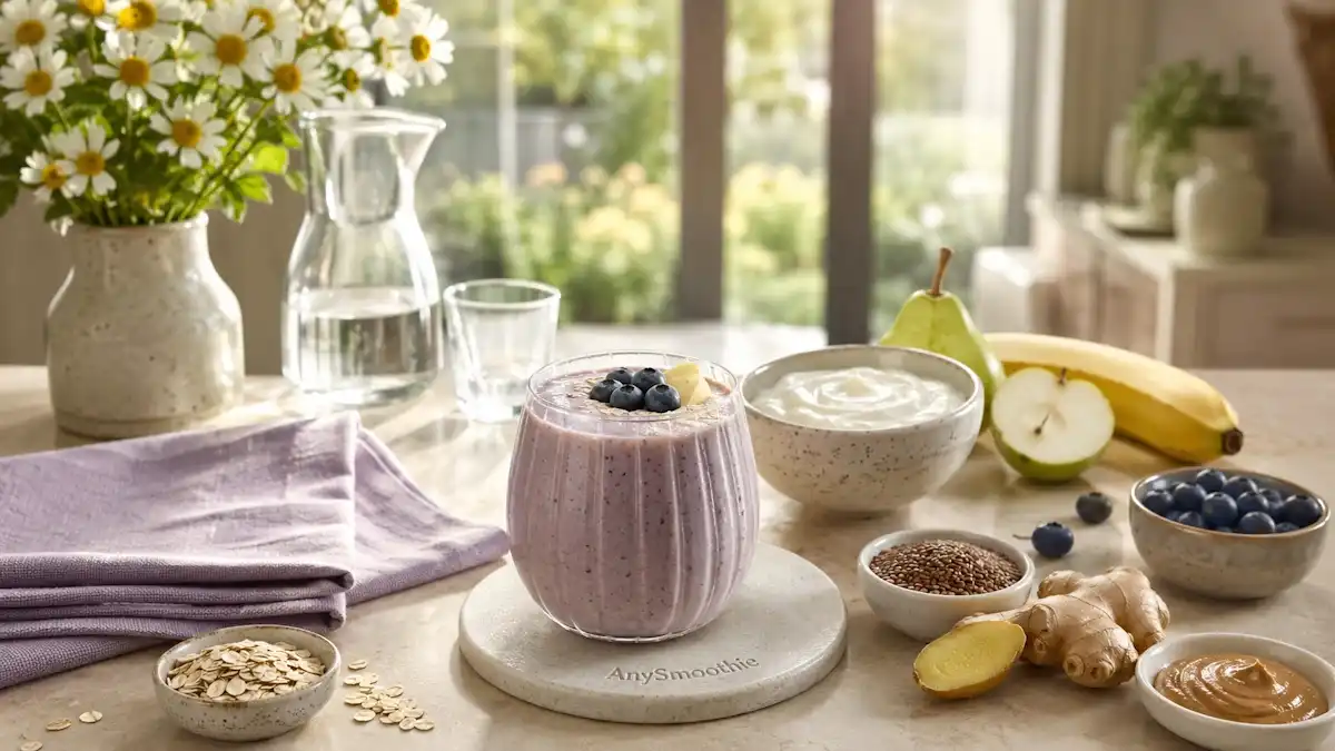 Pear, banana, and blueberry recovery smoothie for post viral wellness routines with oats and Greek yogurt.
