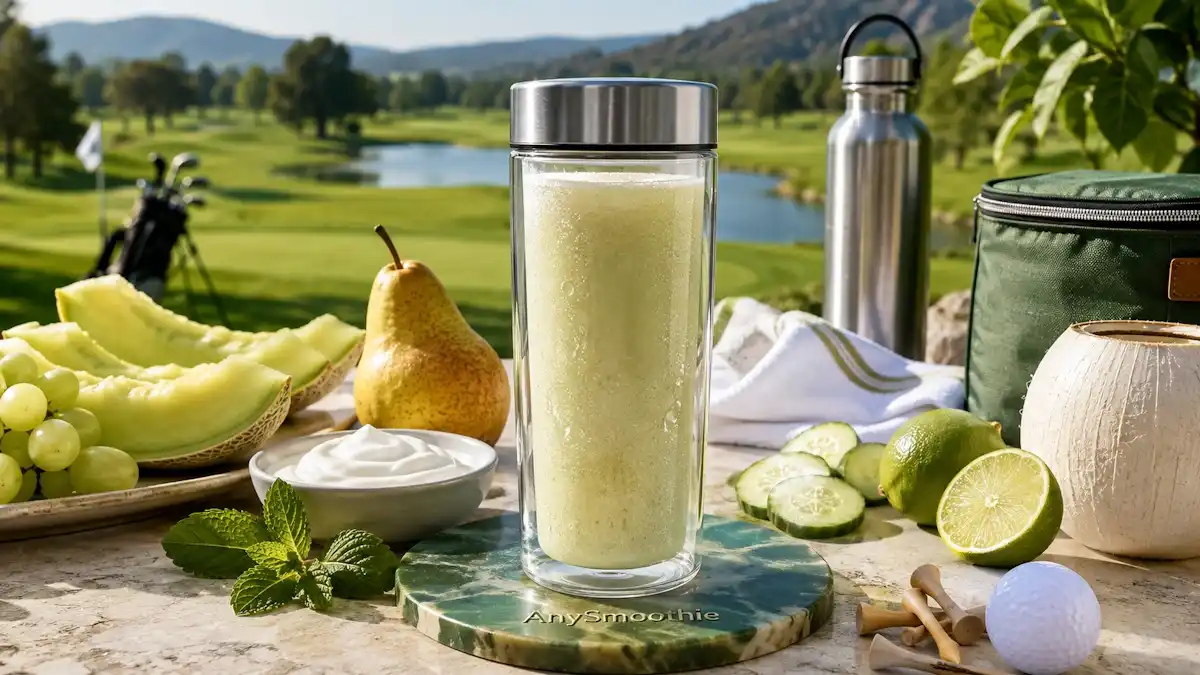 Refreshing smoothies for summer golf days with honeydew, white grapes, pear, cucumber, lime, Greek yogurt, and coconut water on a sunny golf course.