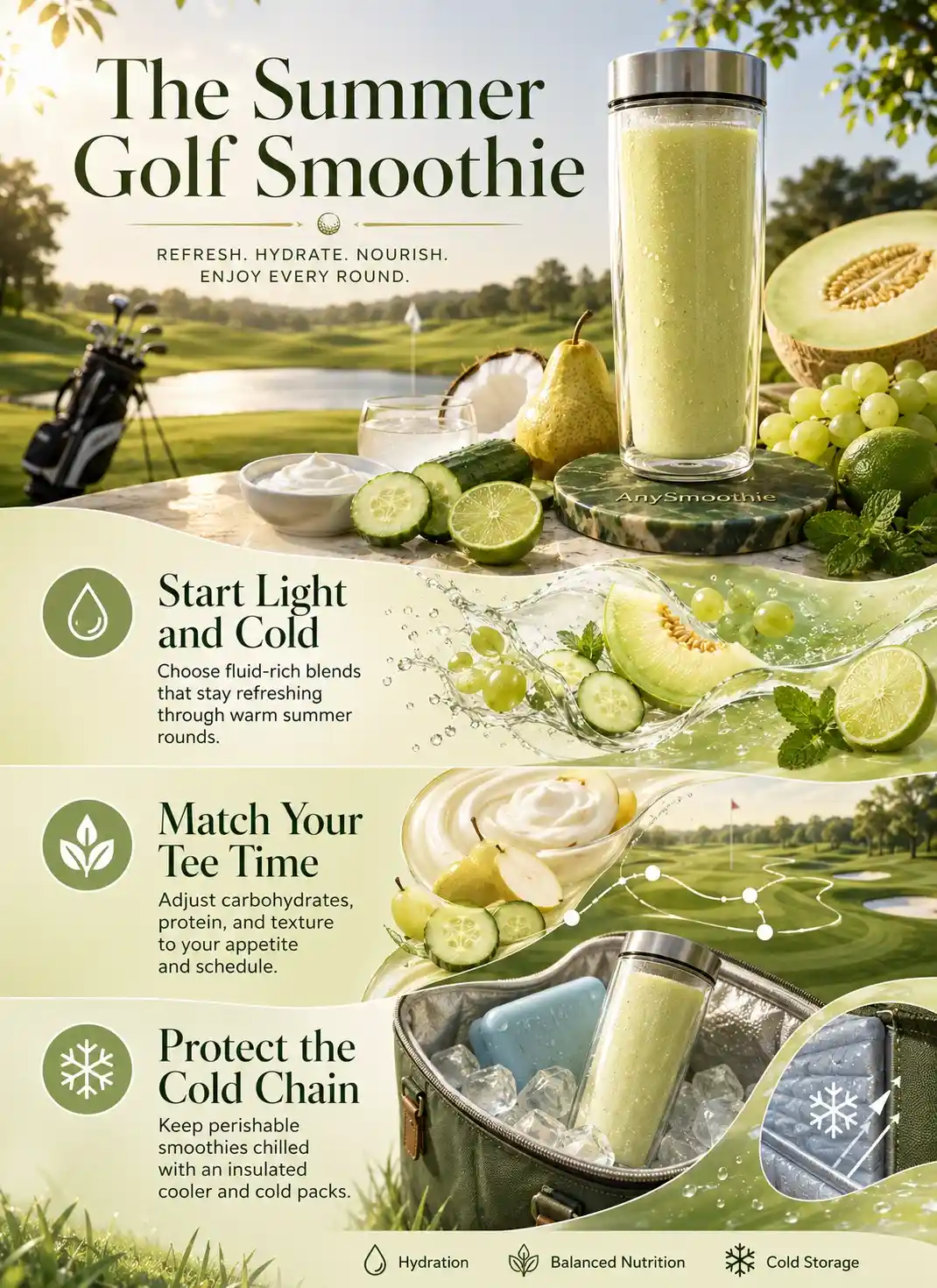 Refreshing smoothies for summer golf days infographic featuring hydration, balanced nutrition, and cold storage tips with honeydew, grapes, pear, cucumber, lime, and Greek yogurt.