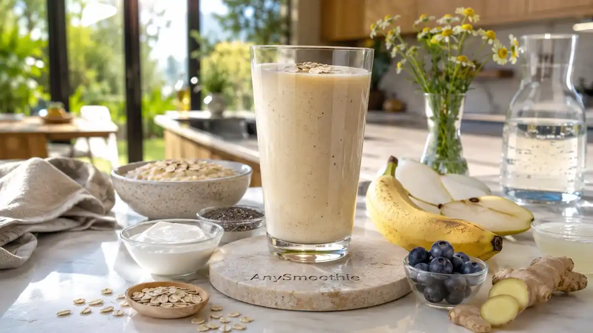 Creamy banana pear oat smoothie with Greek yogurt, cooked oats, chia seeds, blueberries, and ginger in a modern kitchen, illustrating gentle smoothies after food poisoning for digestive recovery and hydration support.