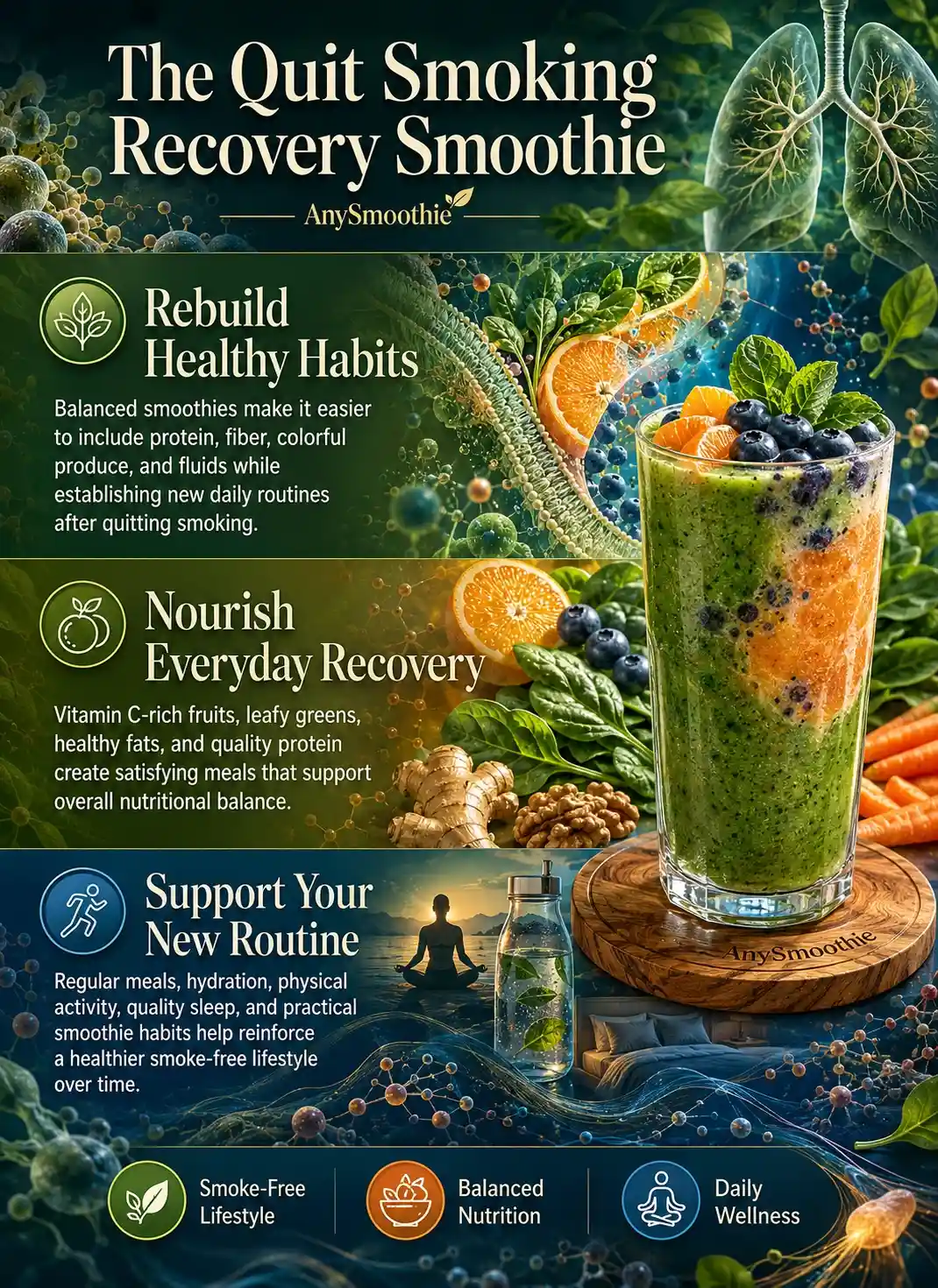 Infographic showing how smoothies after quitting smoking can support healthy daily habits through balanced nutrition, hydration, colorful fruits and vegetables, quality protein, and an active smoke-free lifestyle.