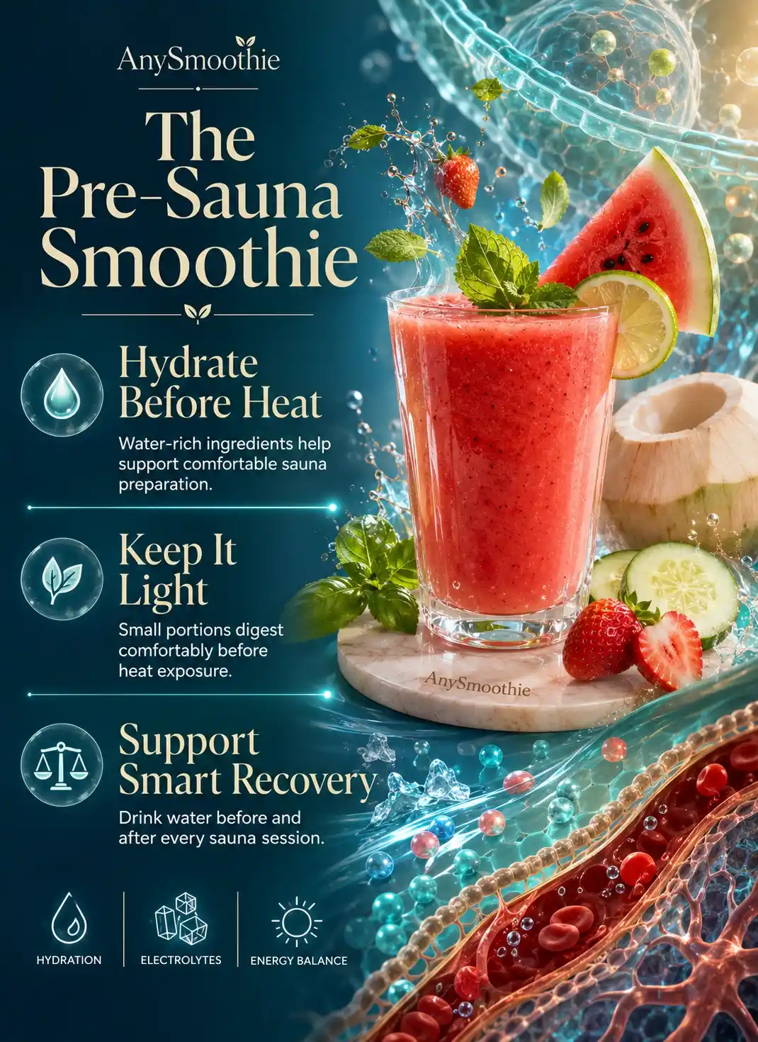 Infographic showing smoothies before sauna sessions with watermelon, strawberries, cucumber, coconut water, mint, basil, and lime, highlighting hydration, electrolyte balance, light nutrition, and smart pre-sauna preparation.