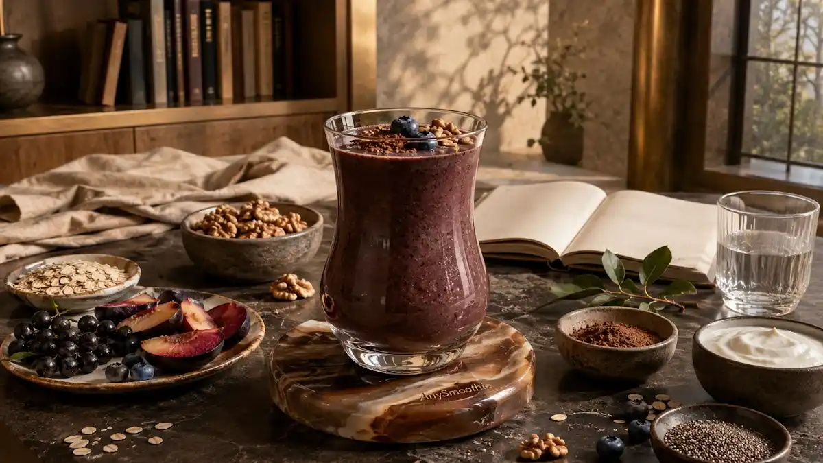 Plum cacao berry smoothie with walnuts and oats for an article about smoothies for BDNF and synaptic plasticity