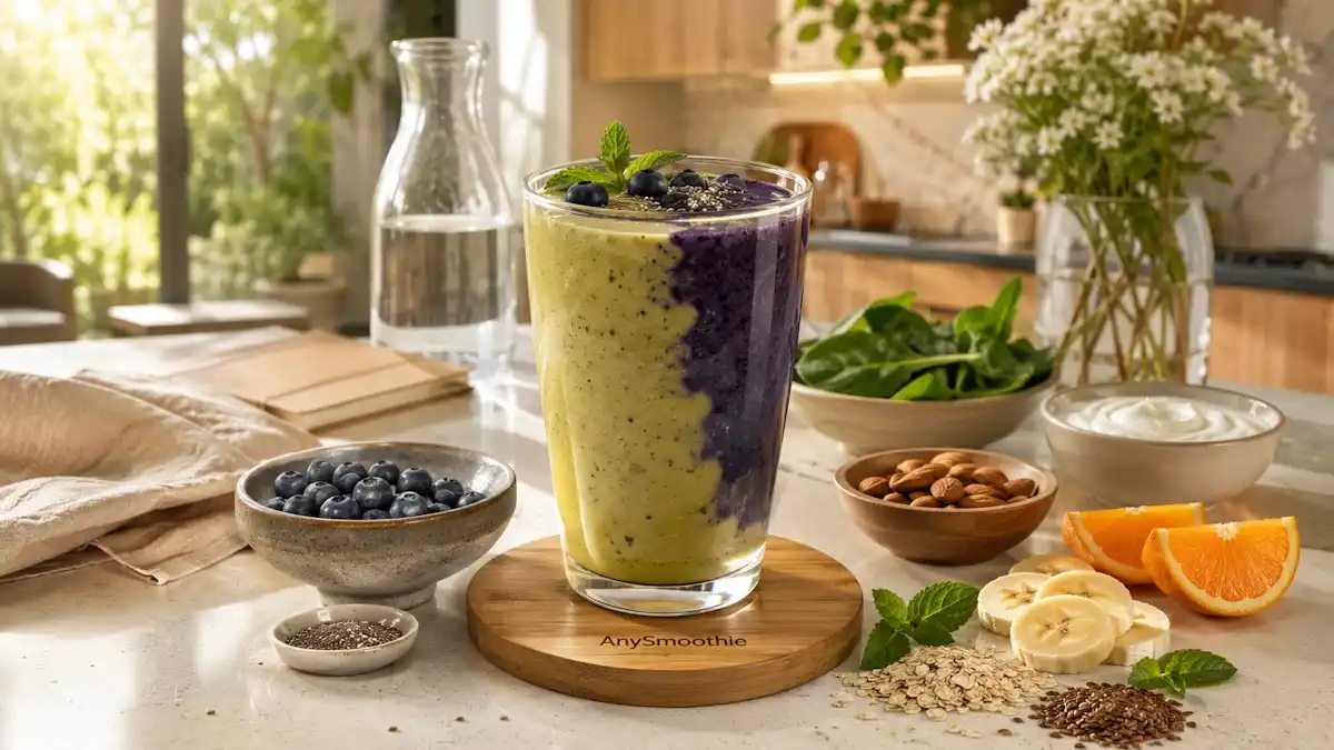 Blueberry banana spinach smoothie in a tall glass with oats, almonds, chia seeds, flaxseeds, Greek yogurt, and fresh fruit in a bright modern kitchen, illustrating smoothies for caregiver wellness and convenient everyday nutrition.
