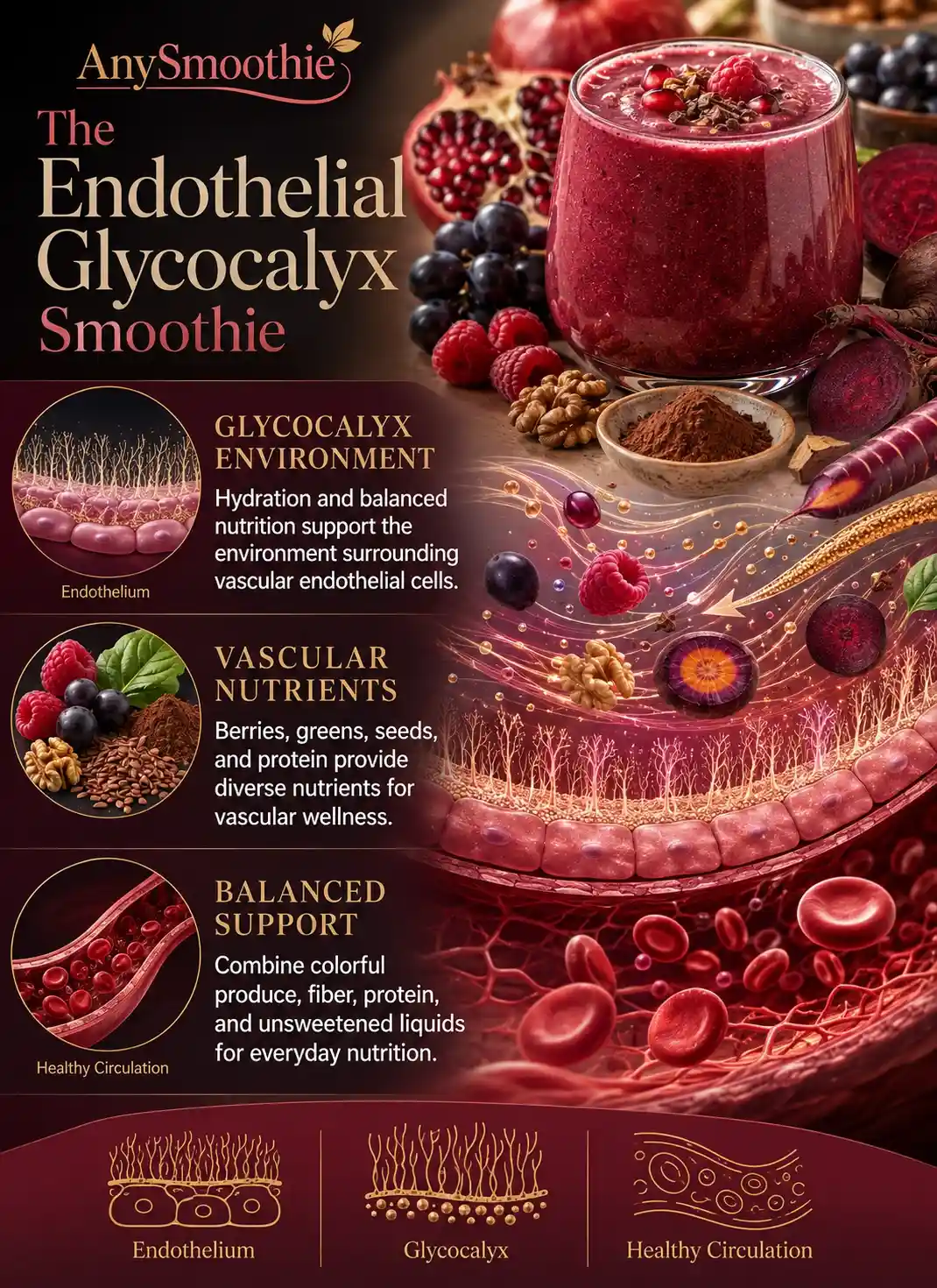 Infographic about smoothies for endothelial glycocalyx support with vascular nutrients and colorful whole foods