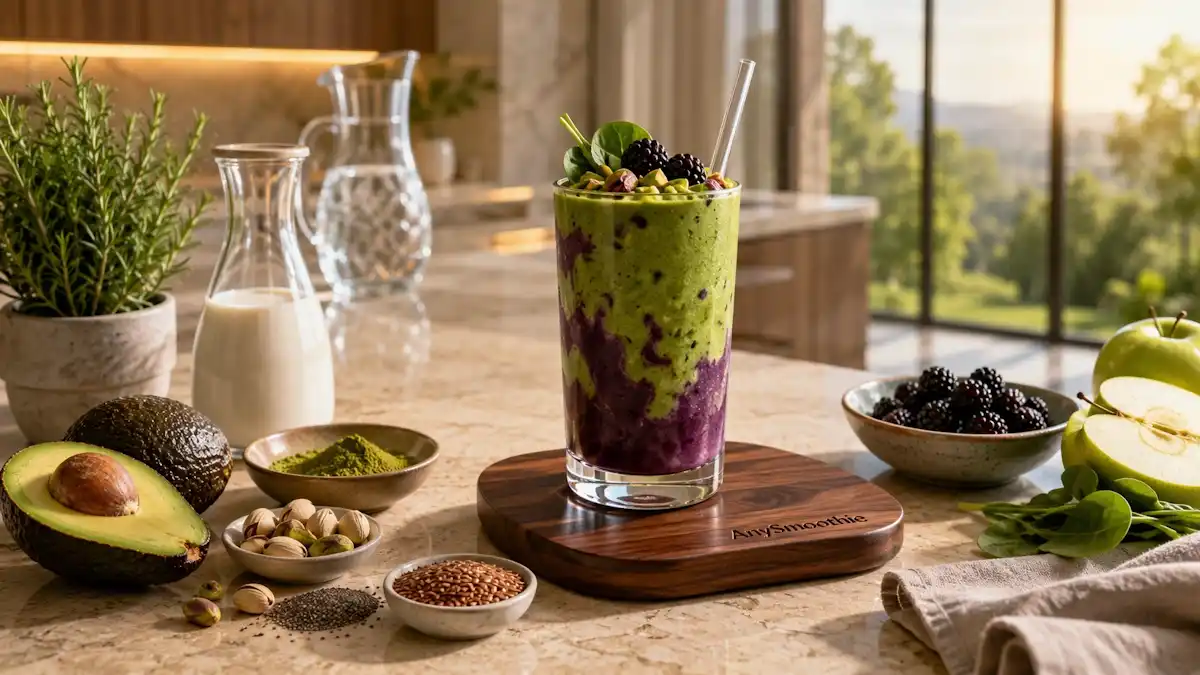 Luxurious avocado matcha blackberry smoothie with chia seeds, flaxseeds, pistachios, spinach, and almond milk in a modern kitchen, illustrating smoothies for fat oxidation support.