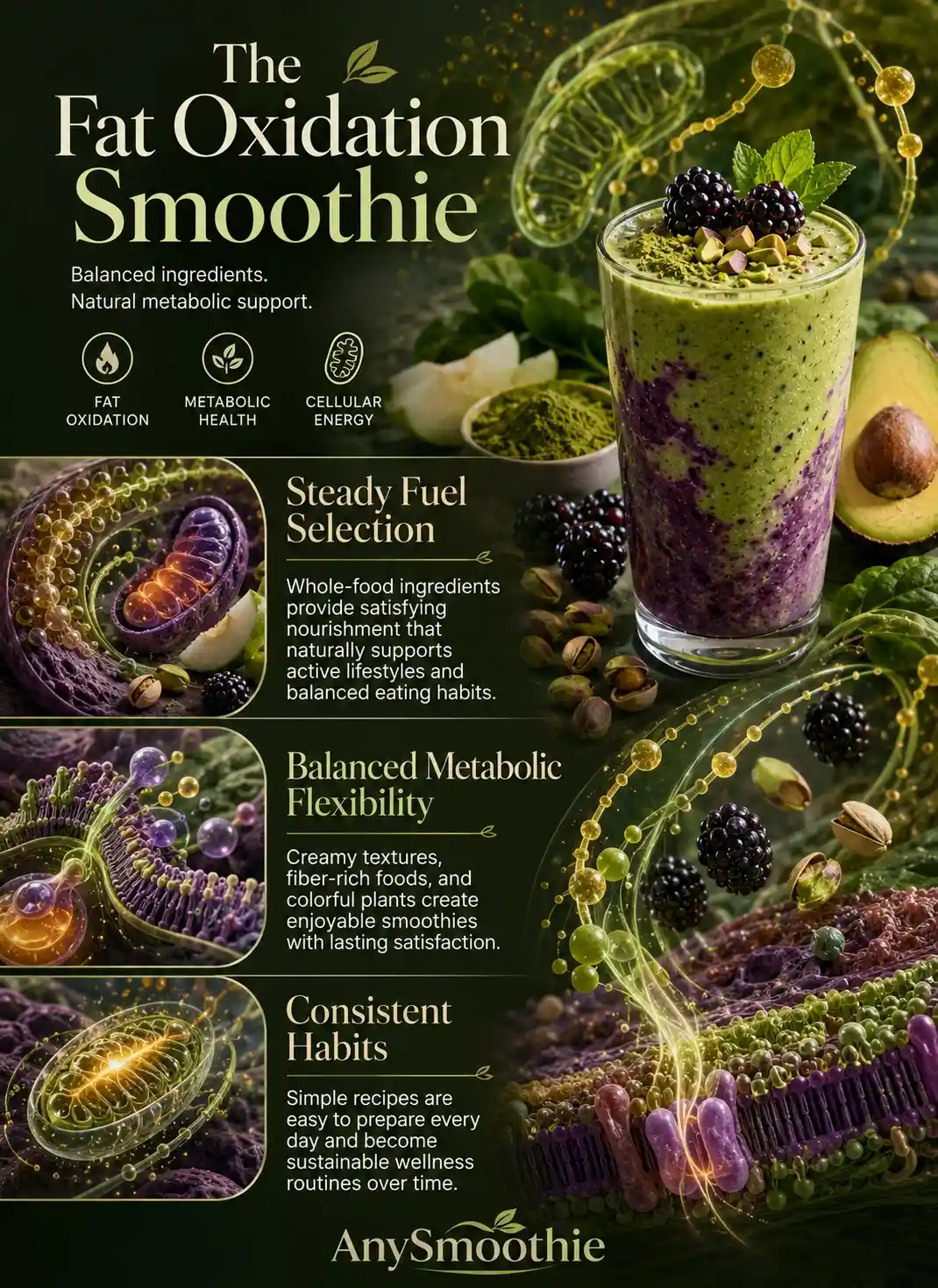 Infographic showing smoothies for fat oxidation support with avocado, matcha, blackberries, pistachios, cellular energy pathways, metabolic flexibility, and healthy whole-food ingredients.