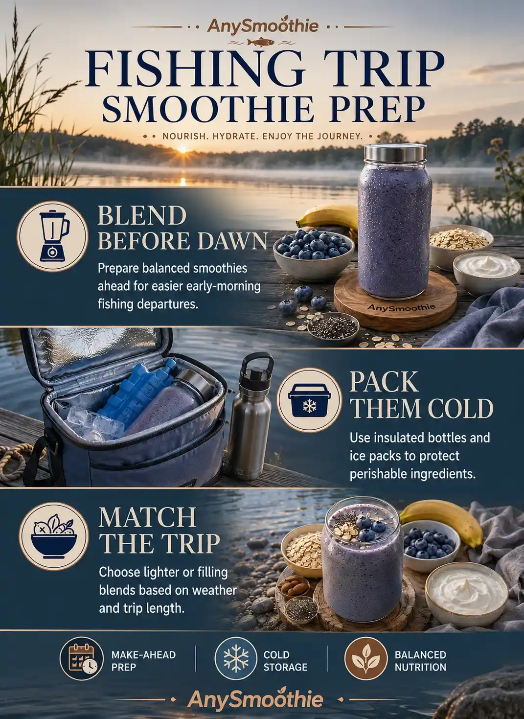 Smoothies for fishing trips infographic showing make-ahead preparation, insulated cold storage, balanced nutrition, and hydration for long days outdoors.