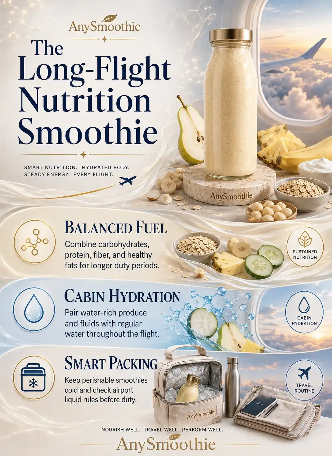 Smoothies for flight attendants on long flights infographic covering balanced nutrition, cabin hydration, and smart packing.