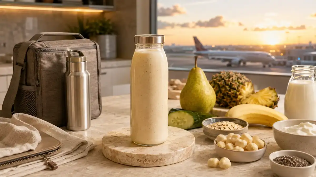 Smoothies for flight attendants on long flights with pear, pineapple, banana, oats, macadamia nuts, and Greek yogurt.