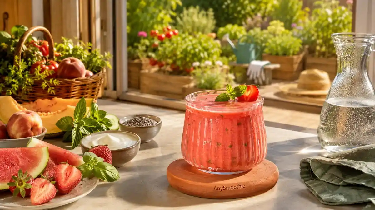 Smoothies for Gardeners with watermelon, peach, strawberry, cucumber, and mint for hot summer days