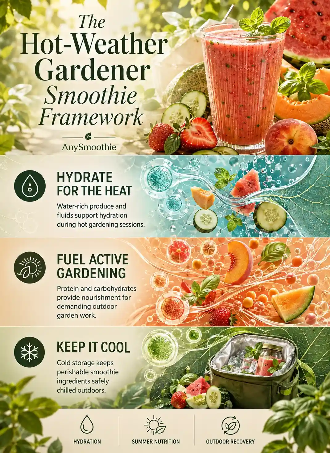 Smoothies for Gardeners infographic showing hydration, summer nutrition, and cold storage for hot-weather gardening