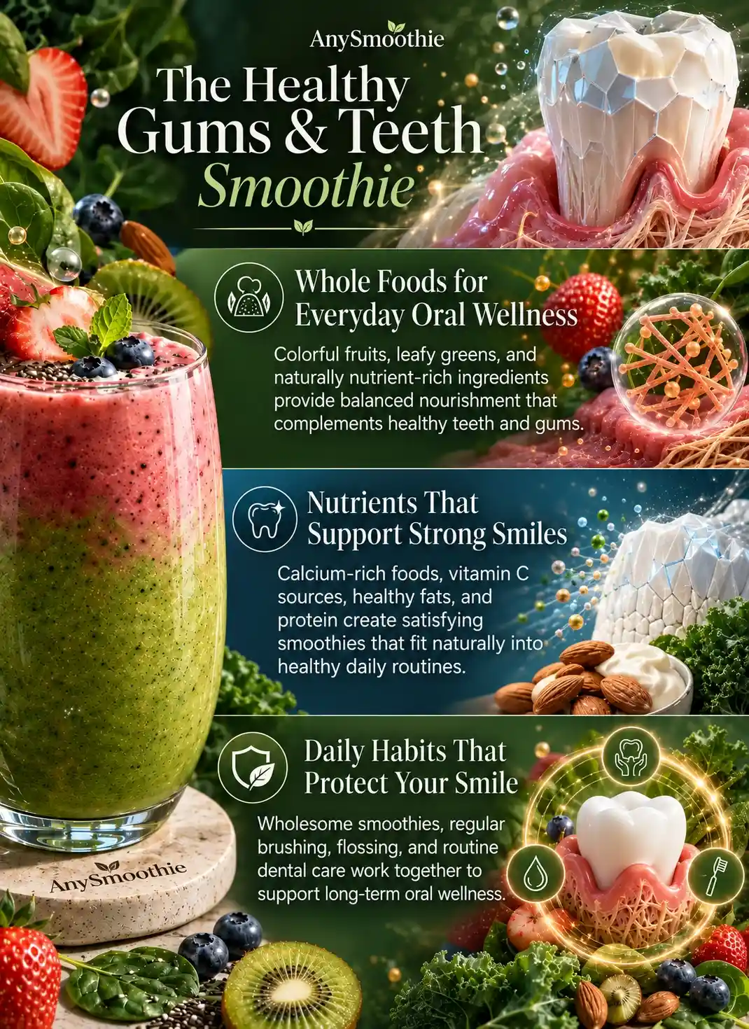 Infographic titled "The Healthy Gums & Teeth Smoothie" illustrating how smoothies for healthy gums and strong teeth support everyday oral wellness with nutrient-rich fruits, leafy greens, calcium-rich foods, healthy fats, protein, and healthy daily habits.
