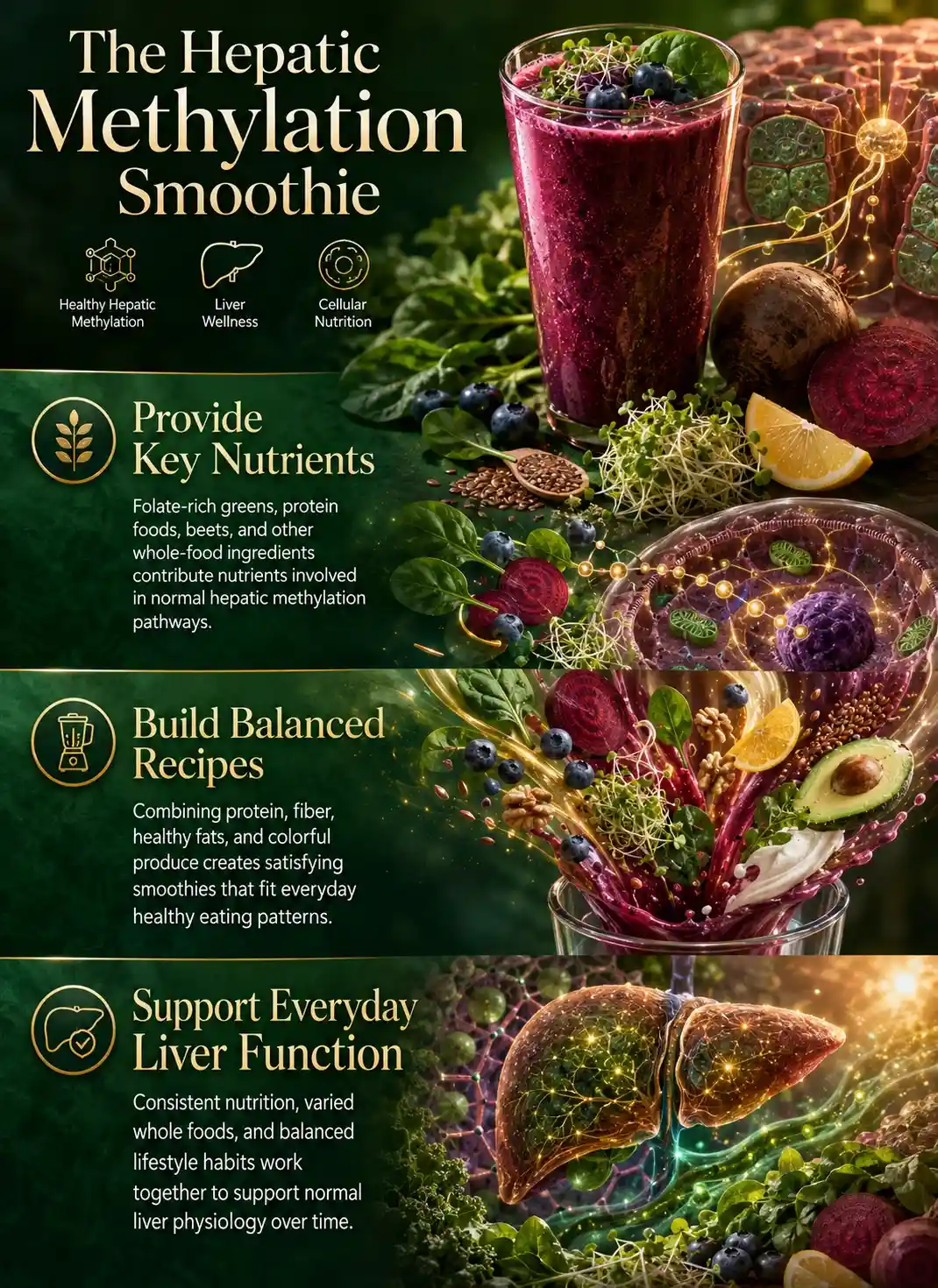 Infographic illustrating smoothies for healthy hepatic methylation using beetroot, spinach, blueberries, broccoli sprouts, flaxseed, and other nutrient-rich whole foods that support normal liver metabolism and everyday cellular nutrition.