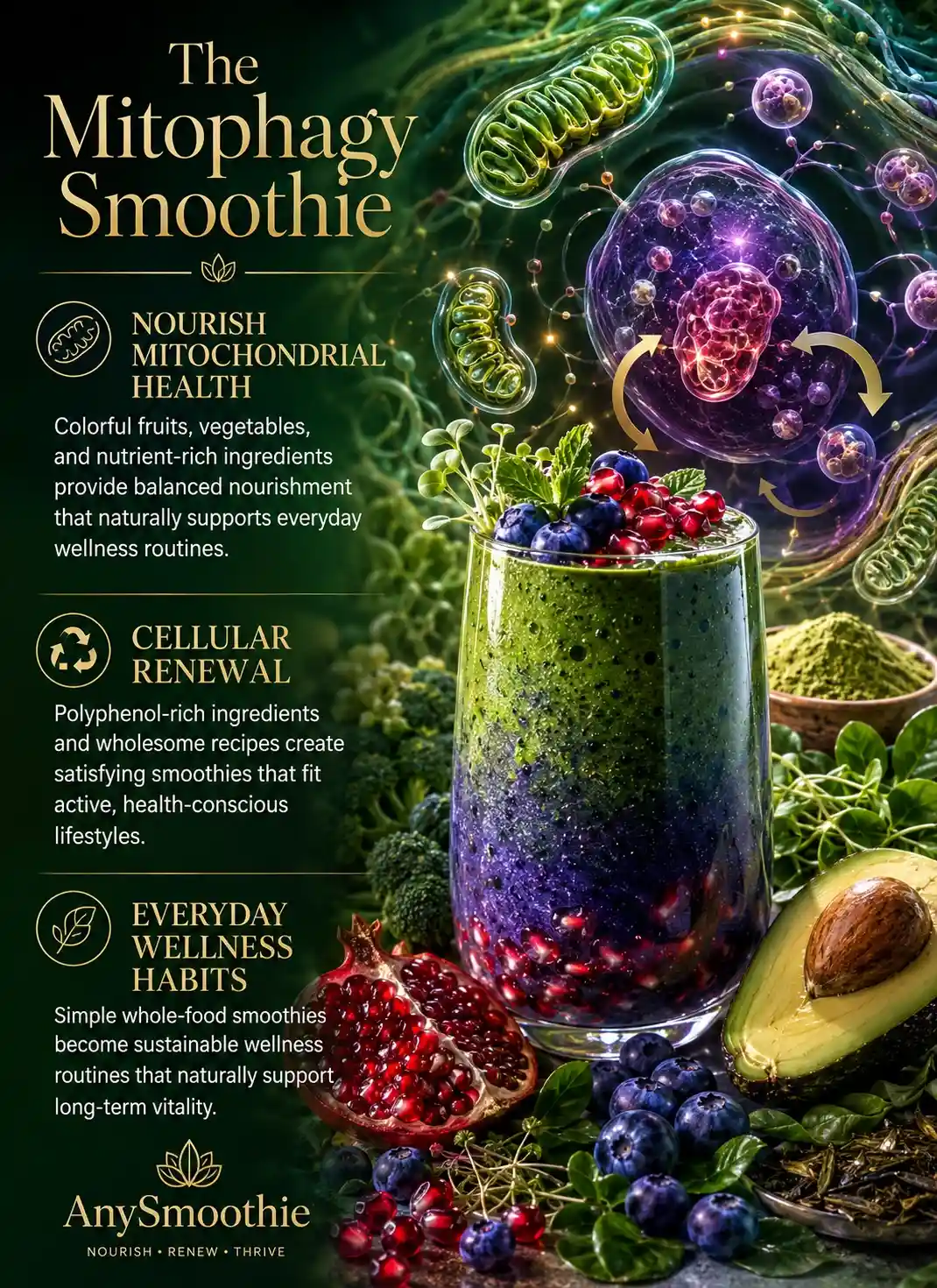 Infographic showing smoothies for healthy mitophagy featuring a blueberry, pomegranate, avocado, broccoli sprout, and green tea smoothie with illustrations of mitochondrial health, cellular renewal, and everyday wellness through colorful whole-food ingredients.