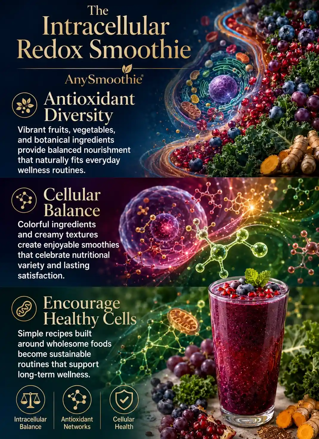 Infographic illustrating smoothies for intracellular redox balance with antioxidant-rich blueberries, pomegranate, grapes, kale, turmeric, and cellular wellness-inspired biological pathways supporting balanced nutrition.