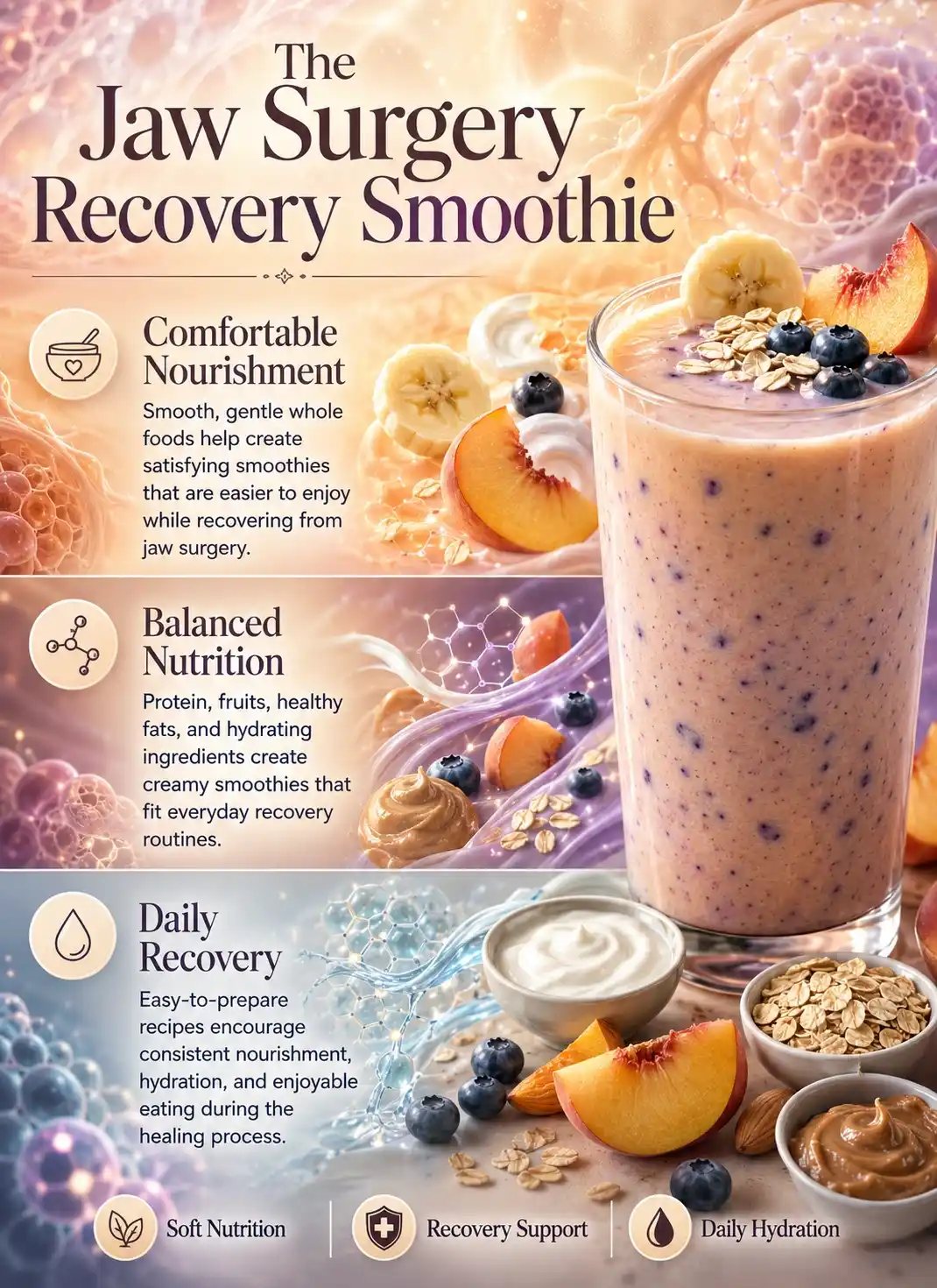 Infographic illustrating smoothies for jaw surgery recovery with a creamy banana, peach, and blueberry smoothie, highlighting soft nutrition, balanced ingredients, hydration, and comfortable recovery-friendly nourishment.