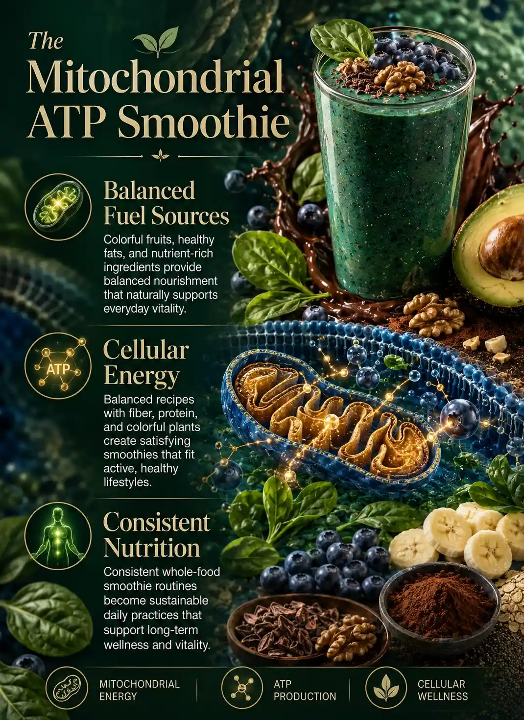 Infographic illustrating smoothies for mitochondrial atp production featuring blueberries, spinach, avocado, banana, cacao, walnuts, and mitochondria-inspired cellular energy visuals that explain balanced nutrition and everyday cellular energy metabolism.