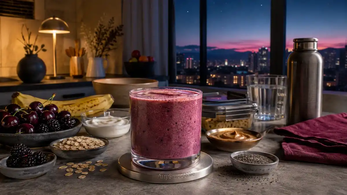 Black cherry, banana, blackberry, oat, and Greek yogurt smoothie for nurses working night shifts in a calm nighttime kitchen.