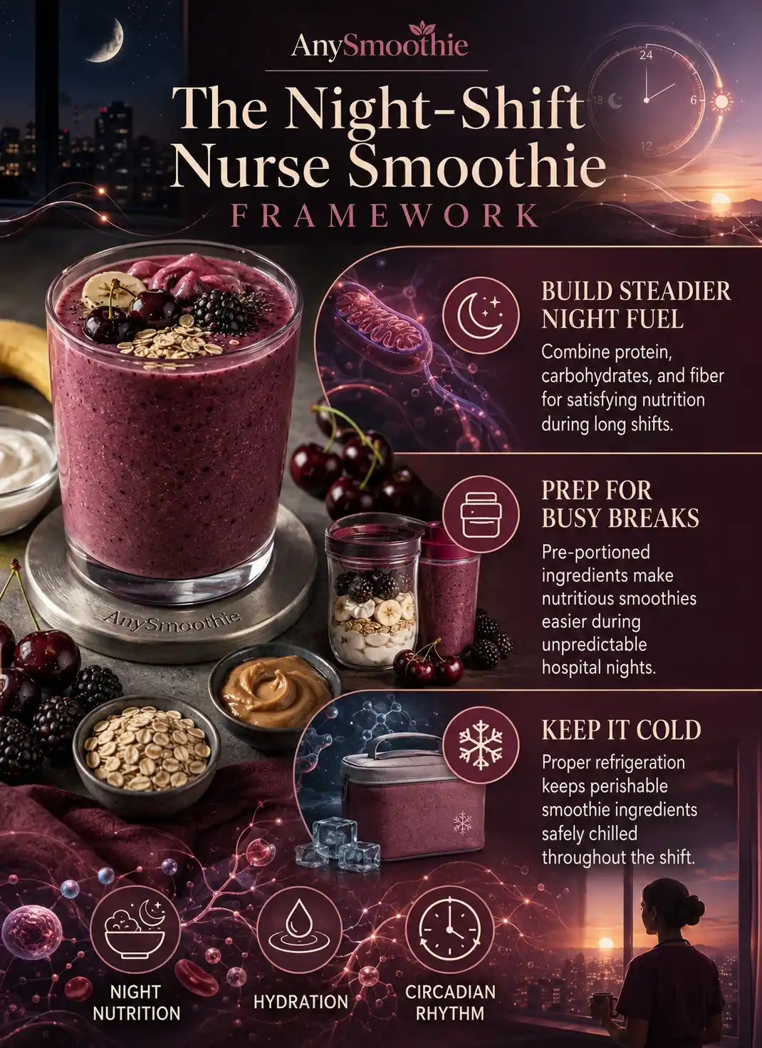 Infographic showing a nutrition framework for smoothies for nurses working night shifts, including balanced fuel, meal prep, hydration, and refrigeration.