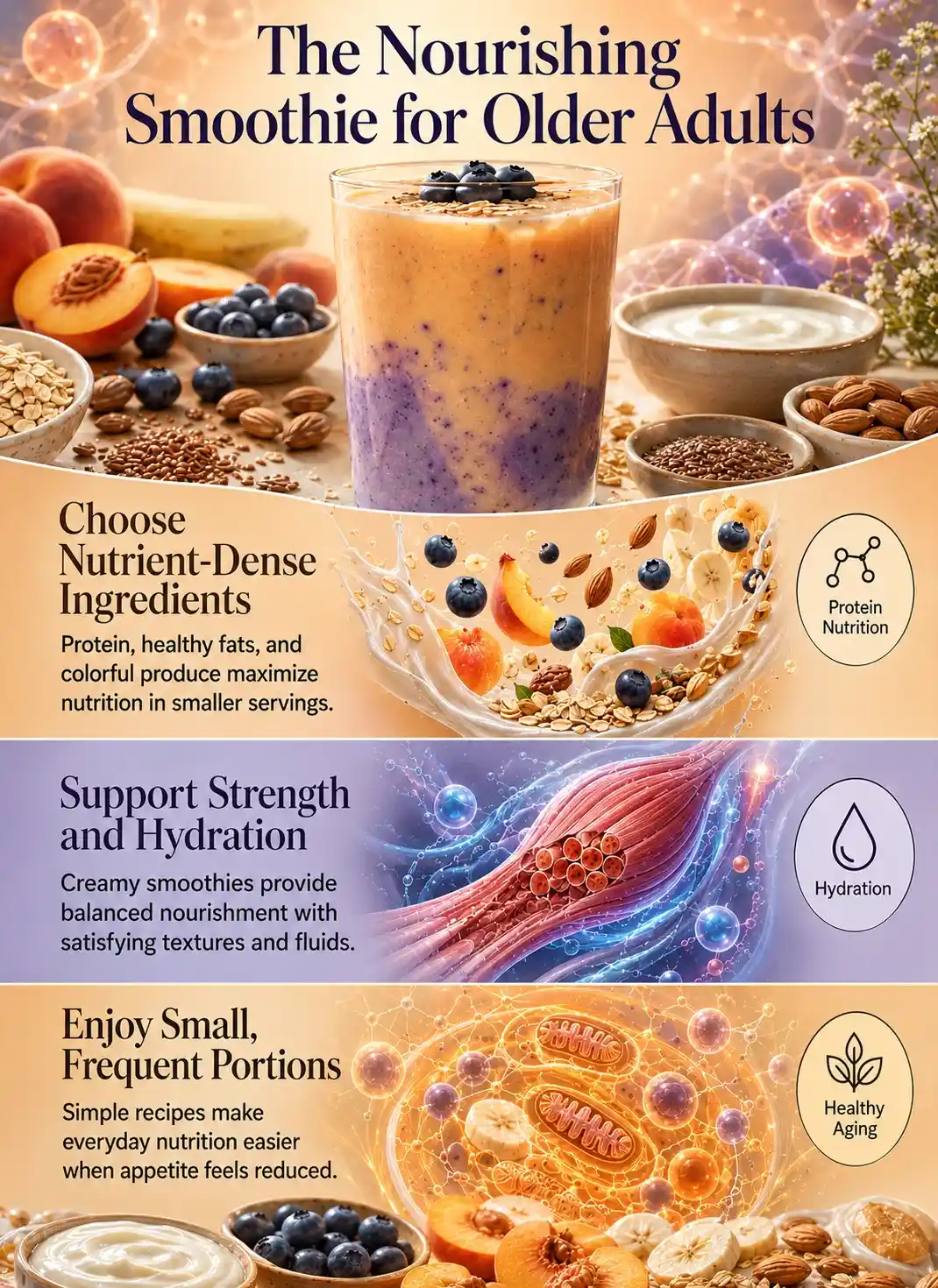 Premium wellness infographic about Smoothies for Older Adults with Reduced Appetite, highlighting nutrient-dense ingredients, protein, hydration, healthy aging, peaches, blueberries, banana, Greek yogurt, oats, almonds, and flaxseed in a balanced smoothie.