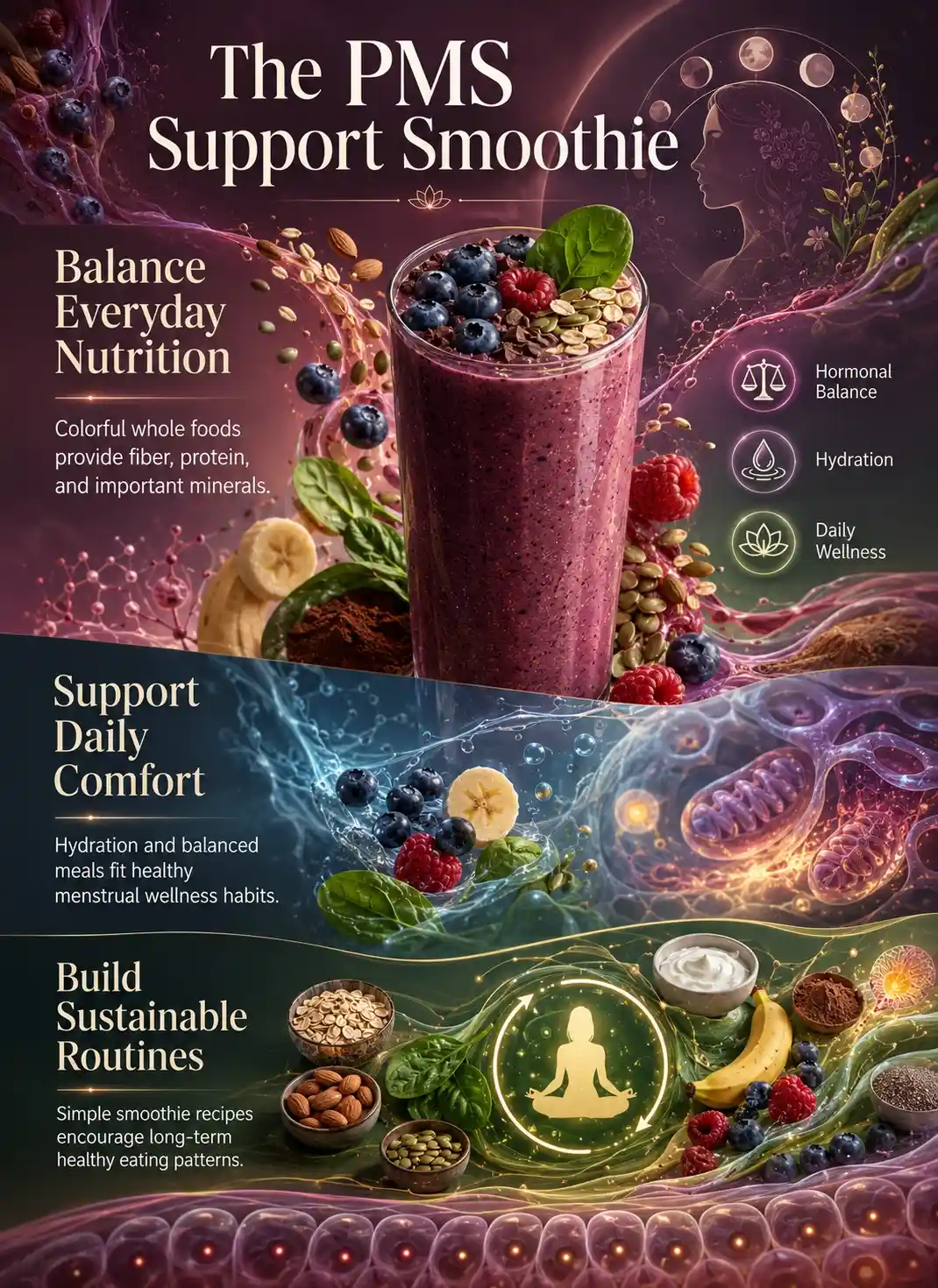 Infographic showing smoothies for pms support with blueberries, banana, spinach, cacao, oats, pumpkin seeds, raspberries, and hydration-focused whole-food nutrition for menstrual wellness.