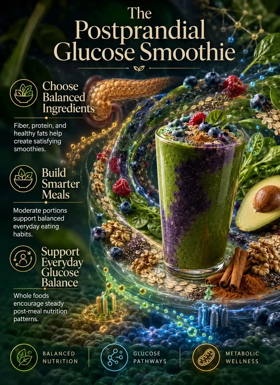 Infographic illustrating smoothies for postprandial glucose support using blueberries, spinach, avocado, oats, chia seeds, walnuts, cinnamon, and other fiber-rich whole foods that promote balanced post-meal nutrition.