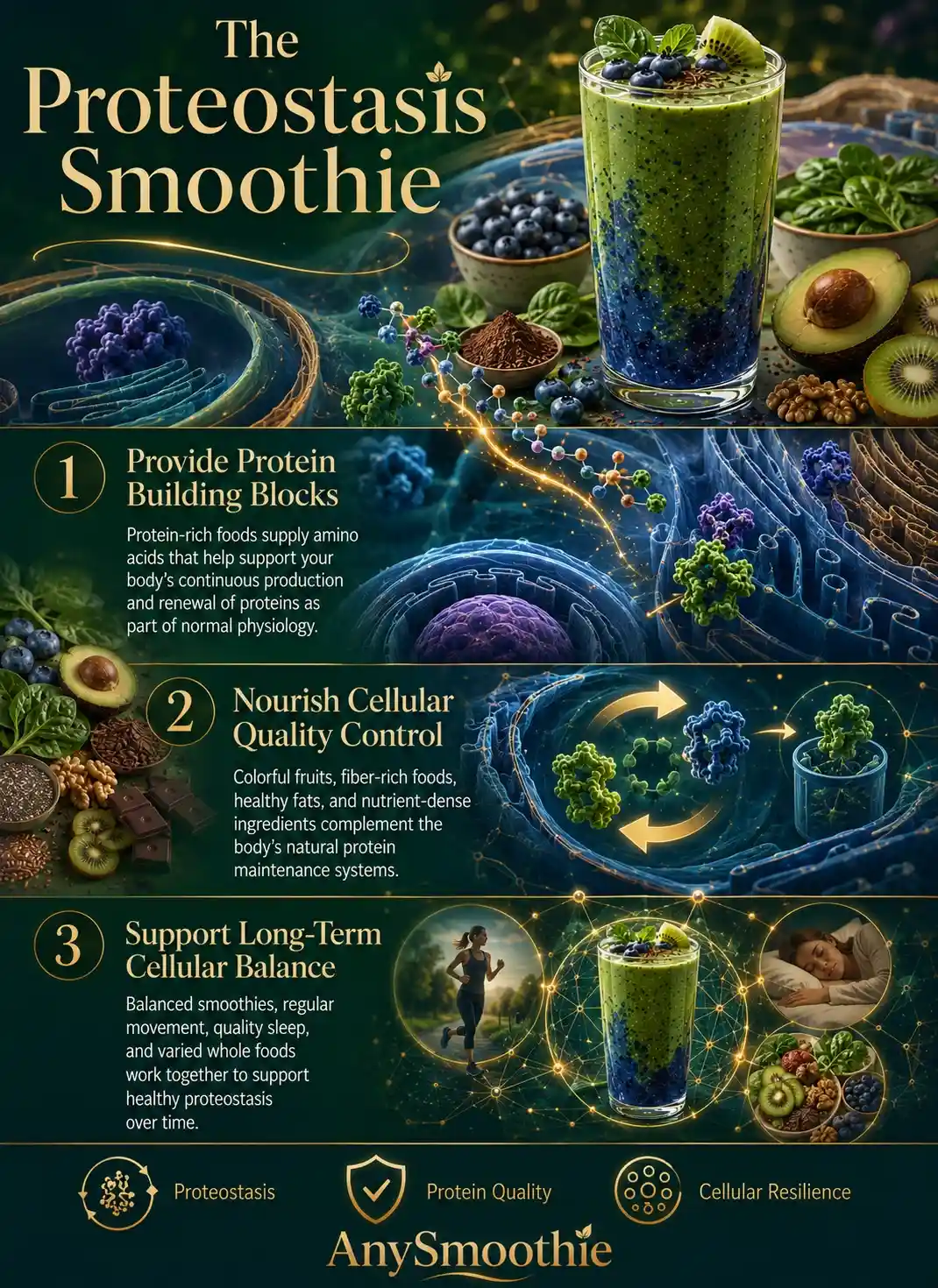 Infographic explaining smoothies for proteostasis support with protein-rich whole foods, colorful fruits, healthy fats, and cellular protein quality balance in a premium wellness-science design.