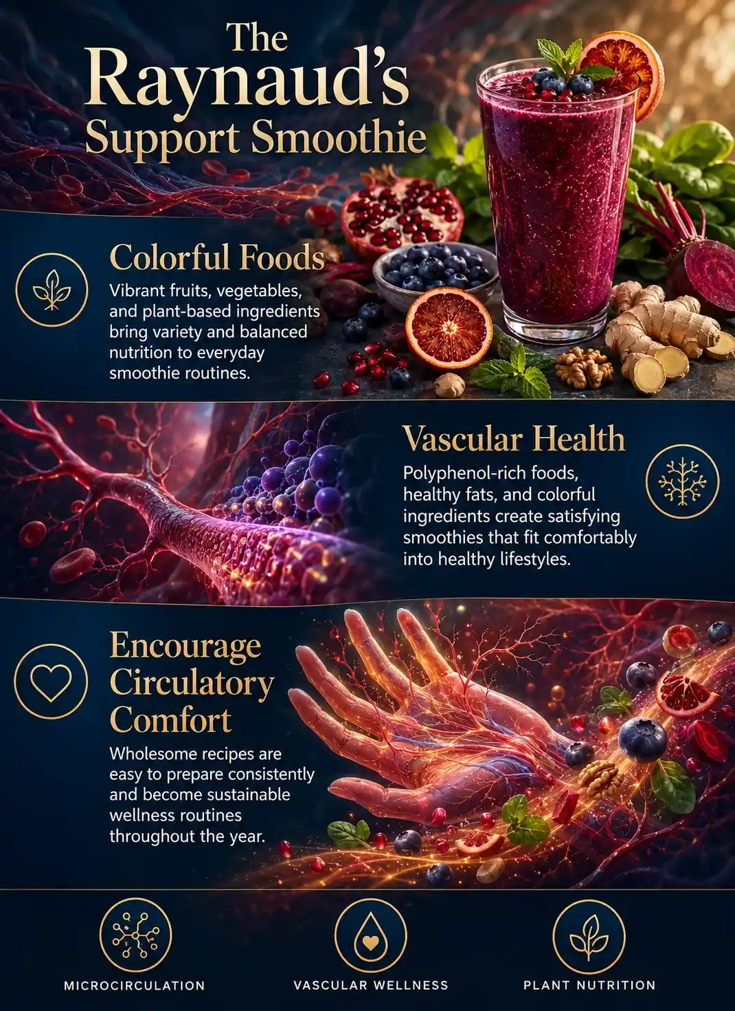 Infographic illustrating smoothies for Raynaud's support with blueberries, pomegranate, beetroot, blood orange, ginger, walnuts, and vascular wellness concepts for healthy circulation and balanced nutrition.