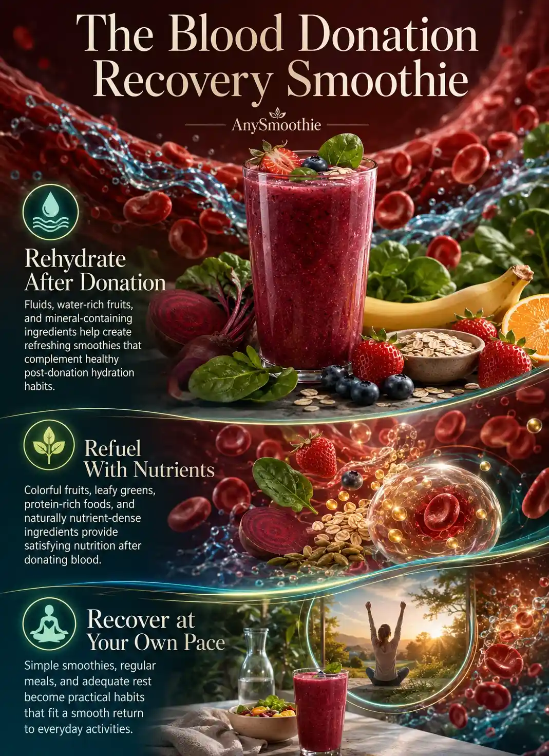 Infographic showing smoothies for recovery after blood donation with hydration, balanced nutrition, and everyday recovery supported by strawberries, blueberries, beetroot, spinach, banana, oats, and nutrient-rich whole foods in a wellness-science editorial design.